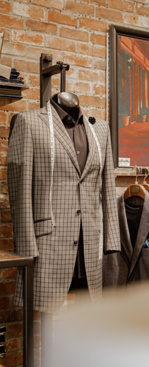 gray and white plaid suit jacket
